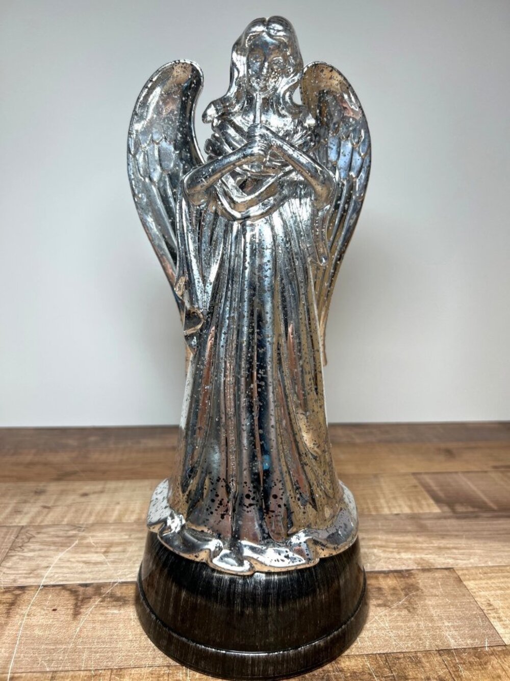 Silver Angel Figurine With Flute - Shiny Finish Lights Up 11 Inches Tall